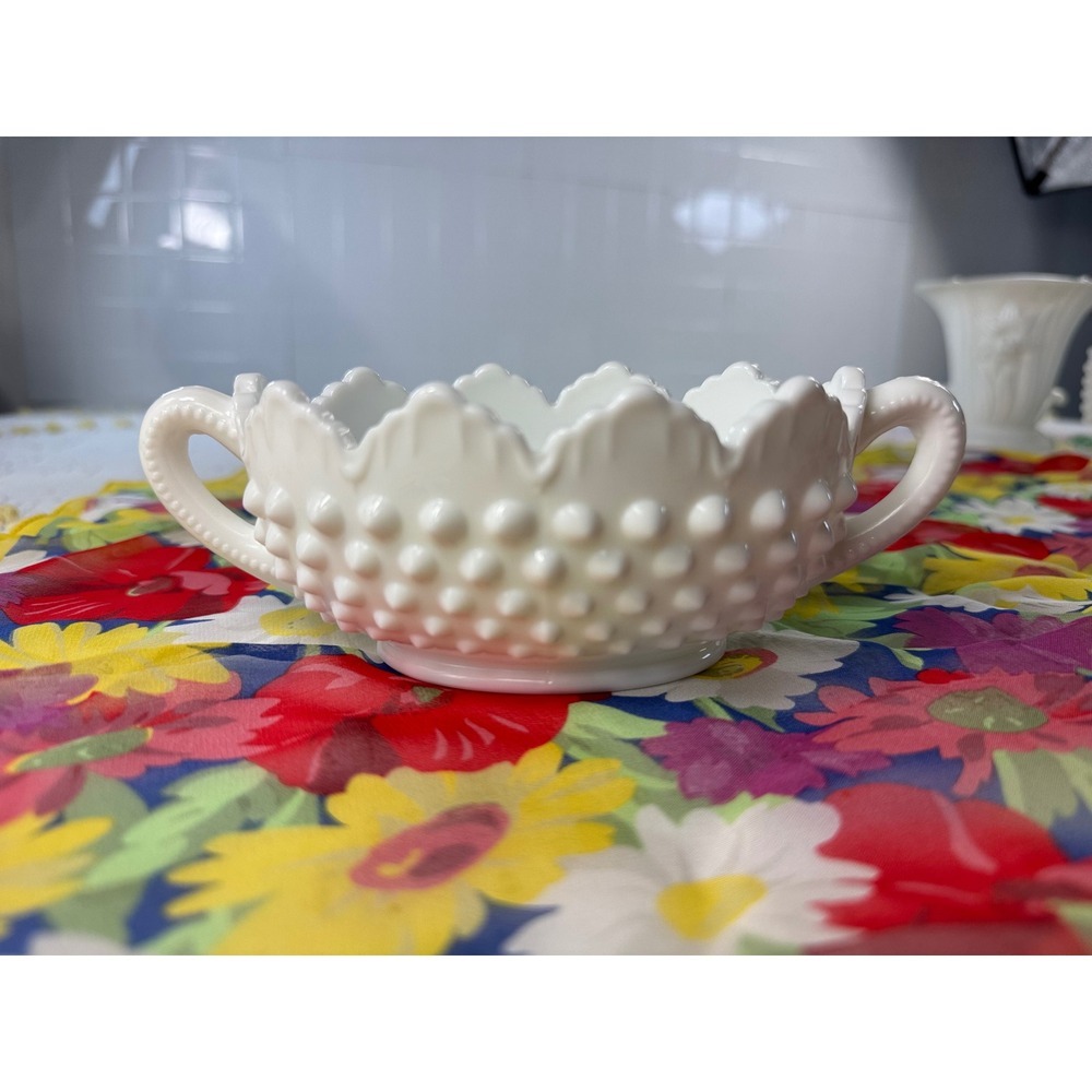 Fenton Milk Glass Hobnail Sugar Bowl White‎ Scalloped Edge Double Handle Vintage